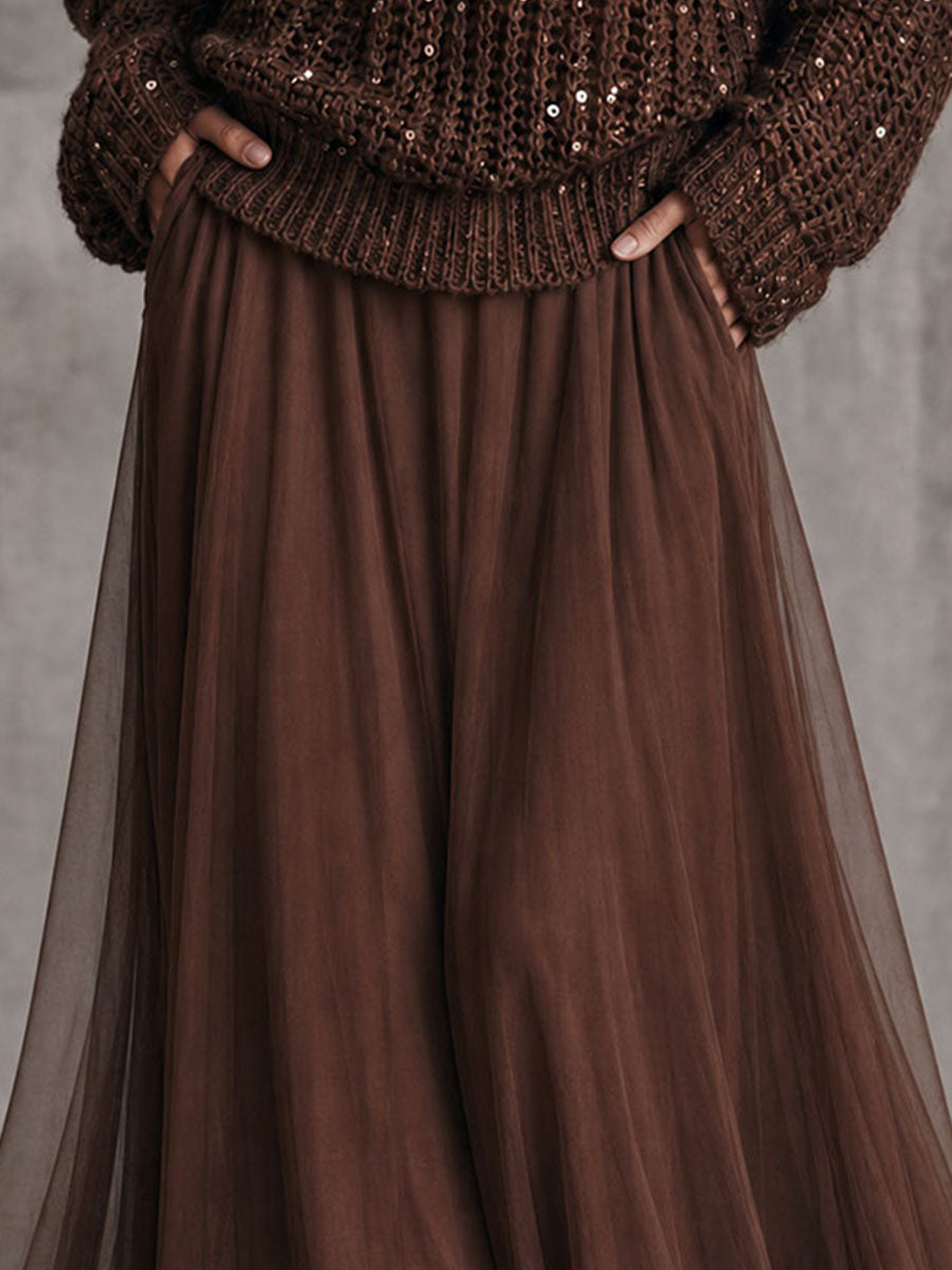 Boho Elegant Chocolate Brown High Waist Tulle Maxi Skirt