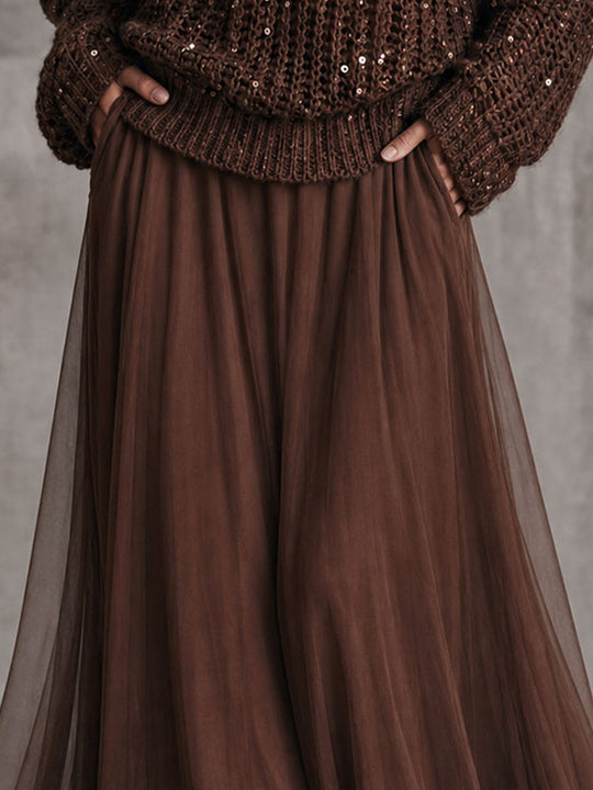 Boho Elegant Chocolate Brown High Waist Tulle Maxi Skirt