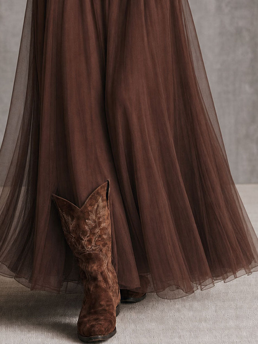 Boho Elegant Chocolate Brown High Waist Tulle Maxi Skirt
