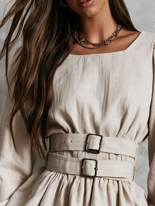 Oatmeal Linen Texture Square Neck Double Waist Belt Blouse