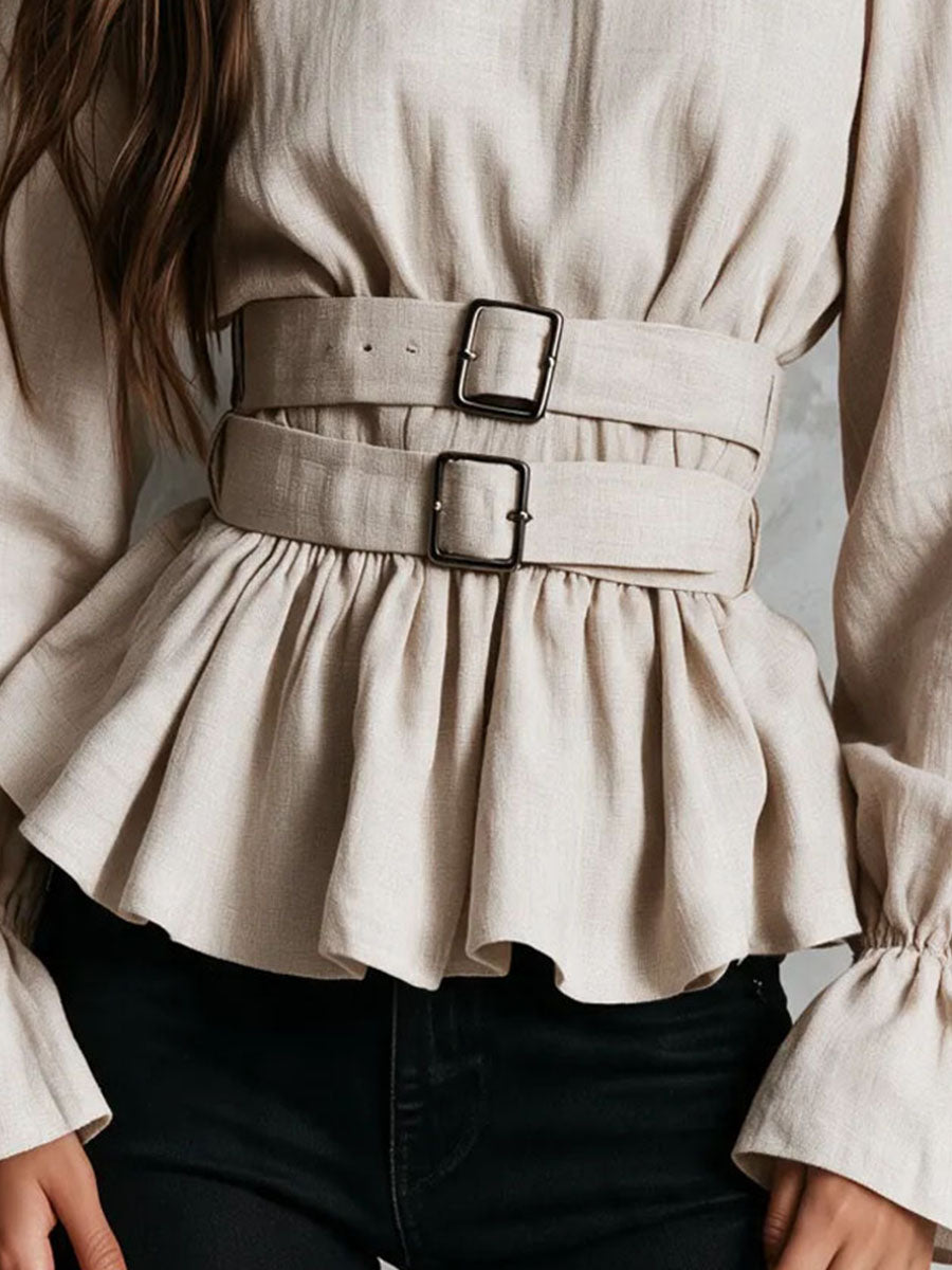 Oatmeal Linen Texture Square Neck Double Waist Belt Blouse