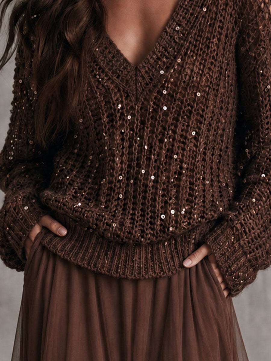 Elegant V Neck Chocolate Sequin Open Knit Loose Sweater
