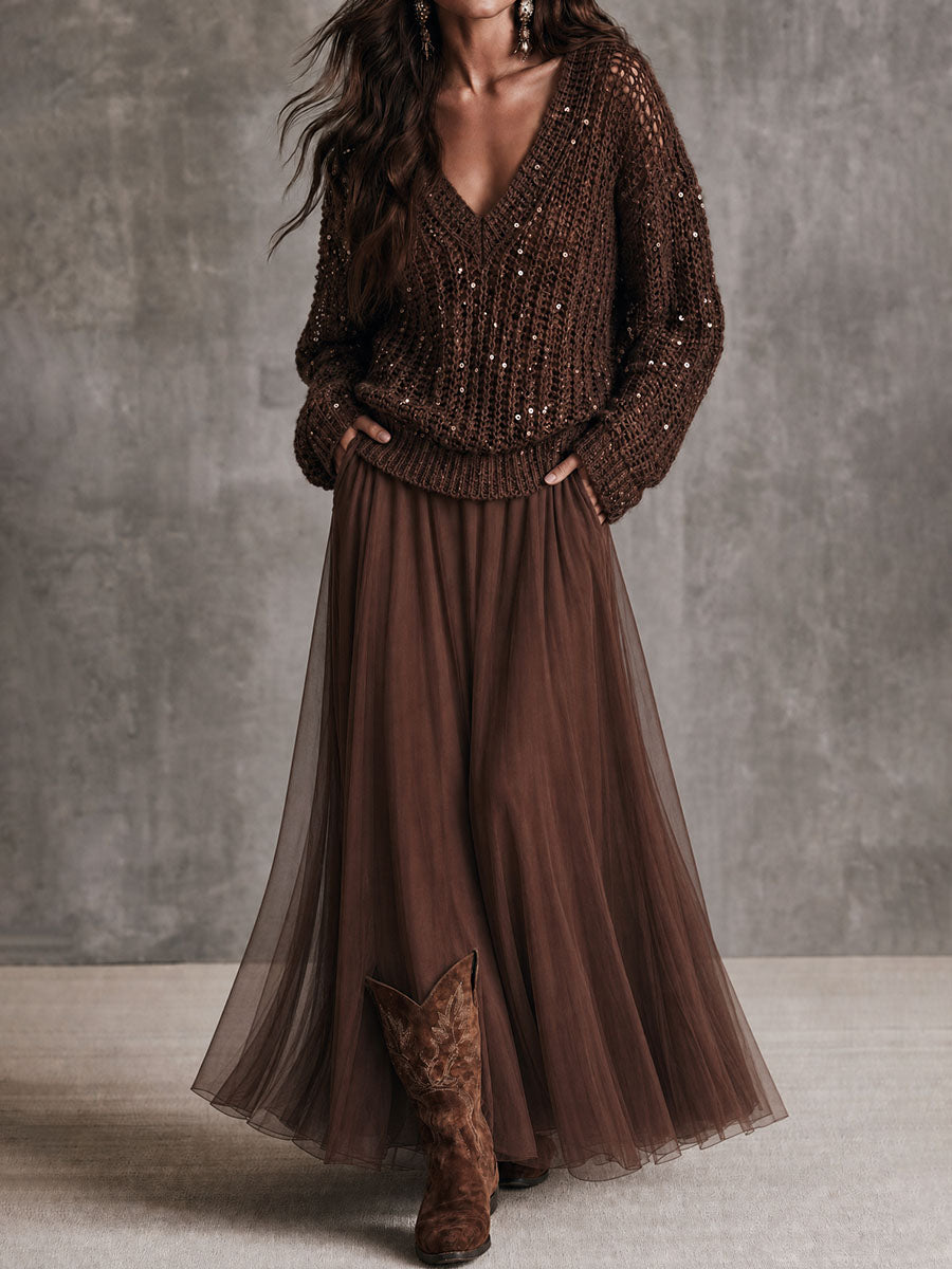 Elegant V Neck Chocolate Sequin Open Knit Loose Sweater