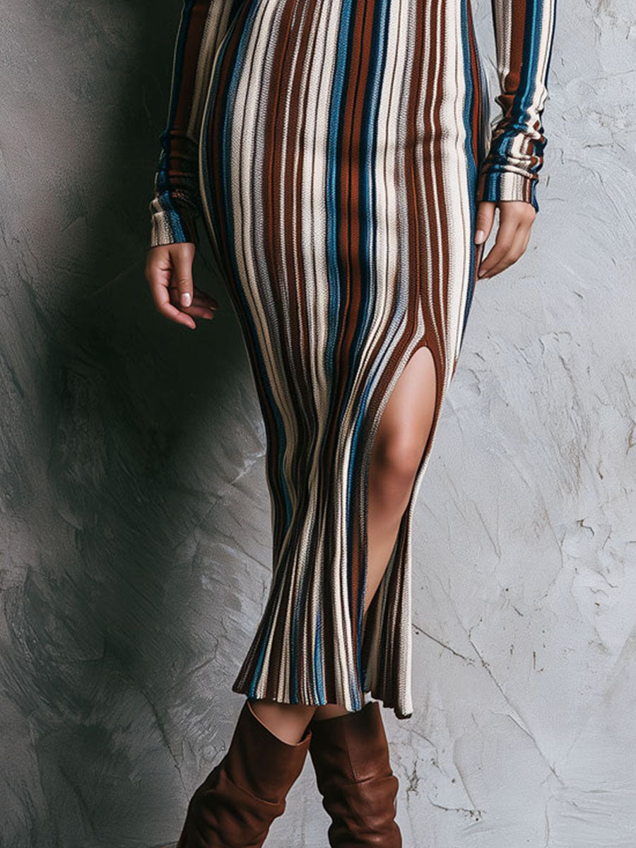 Western Bohemian Vertical Stripe Knit Midi Dress With Side Slit