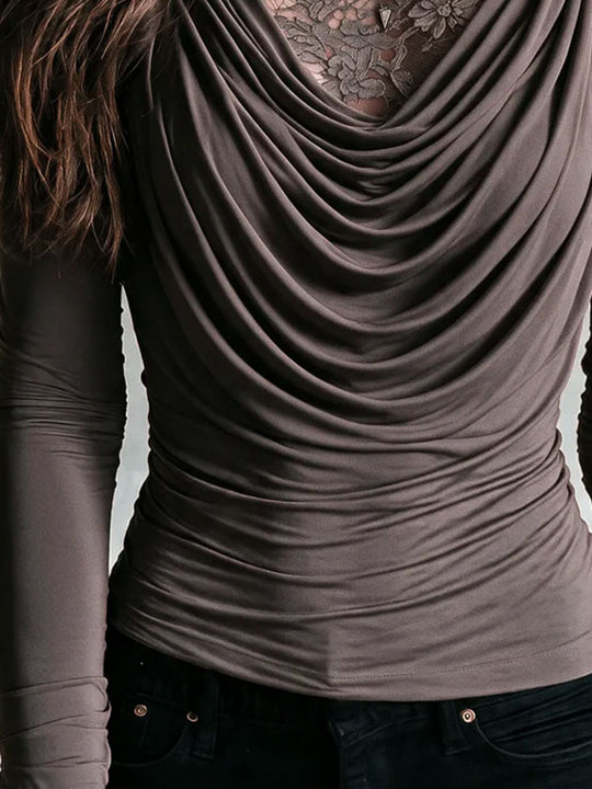 Boho Taupe Lace Mock Neck Draped Cowl Long Sleeve Two-in-One Top