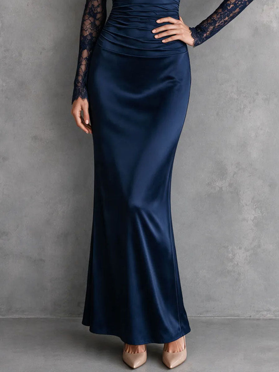 Elegant Navy Blue Lace Sleeve Cowl Neck Ruched Satin Mermaid Dress