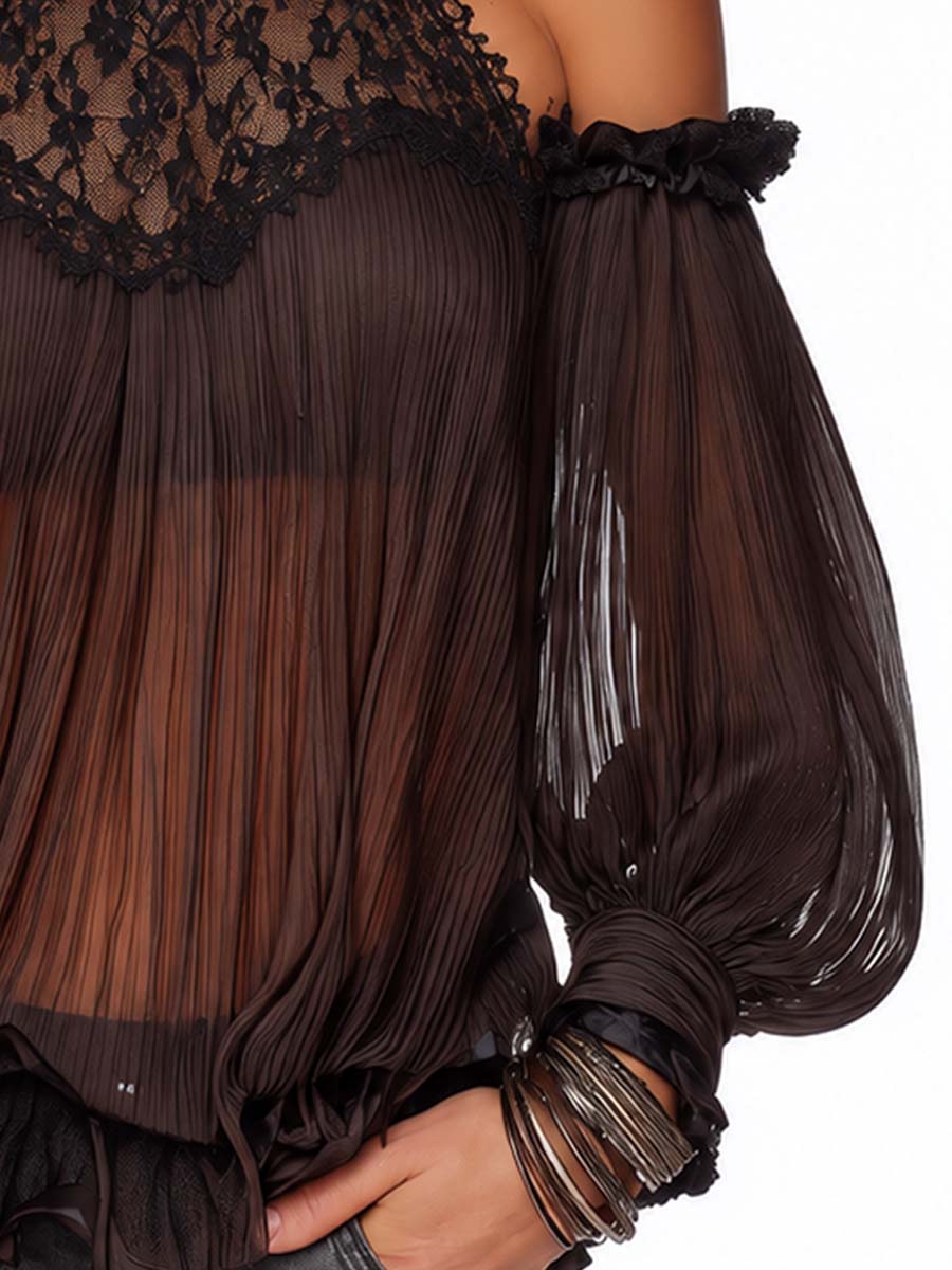 Vintage-style Pleated Chiffon And Lace Off-the-shoulder Blouse