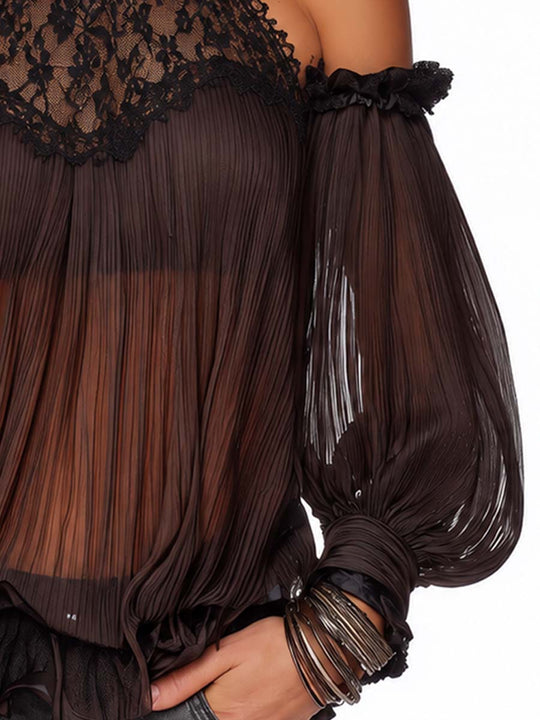 Vintage-style Pleated Chiffon And Lace Off-the-shoulder Blouse