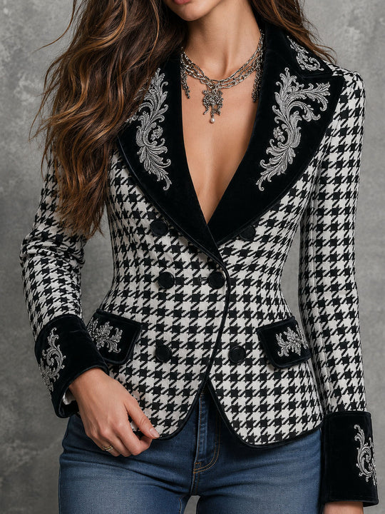 Vintage Houndstooth Velvet Lapel Embroidered Double Breasted Fitted Jacket