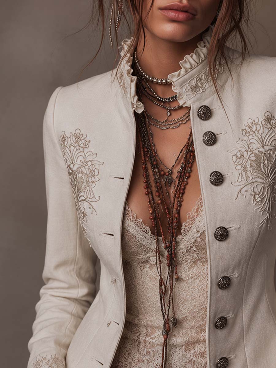 Vintage Ruffled Collar Embroidered Cotton-linen Blazer