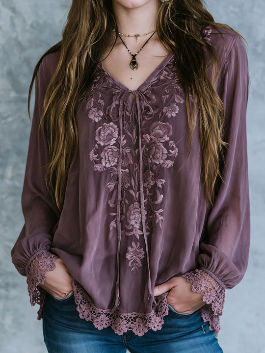 Boho Tie V Neck Dusty Mauve Floral Embroidered Blouse