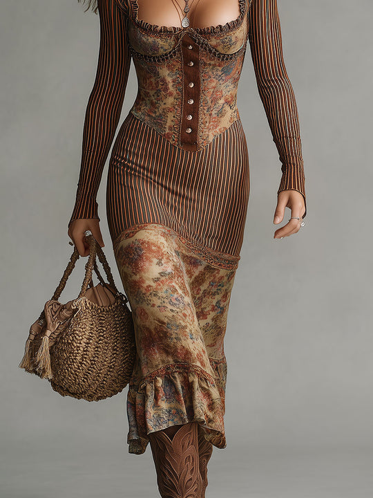 Boho Floral Print Corset Waist Long Sleeve Midi Dress