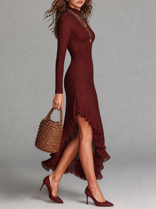 Boho Long Sleeve Lace Panel High Neck Ruffle Hem Maxi Dress