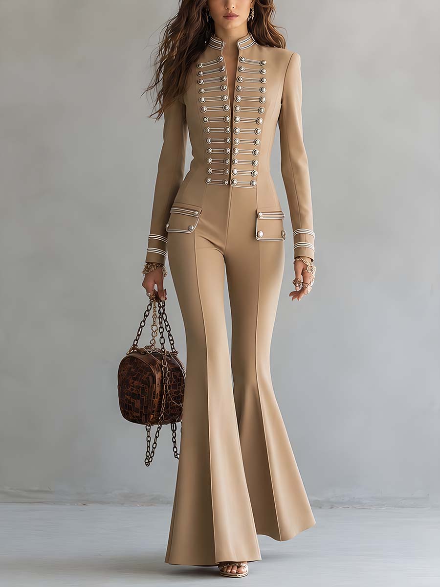 Vintage-style Military-inspired Button-detail Jumpsuit