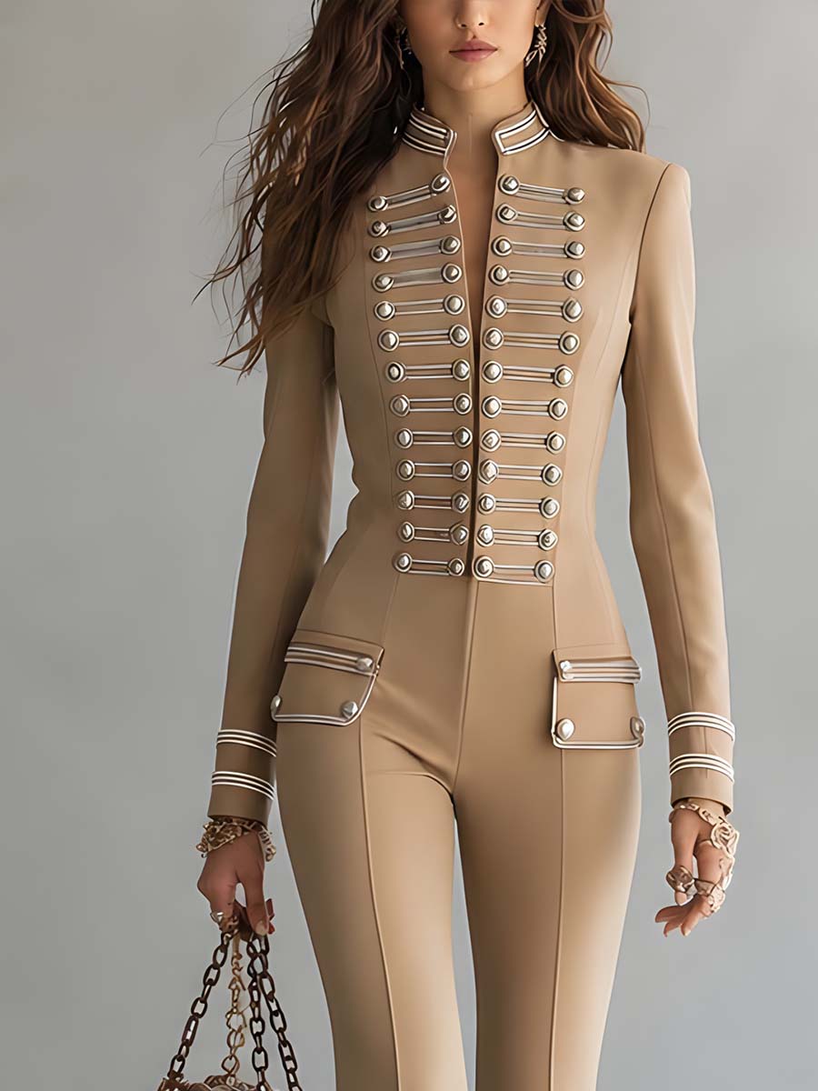 Vintage-style Military-inspired Button-detail Jumpsuit