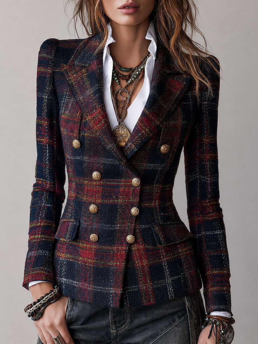 Retro Plaid Double-Breasted Tweed Blazer with Gold Buttons