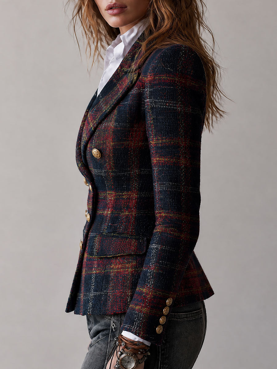 Retro Plaid Double-Breasted Tweed Blazer with Gold Buttons