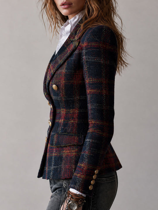 Retro Plaid Double-Breasted Tweed Blazer with Gold Buttons