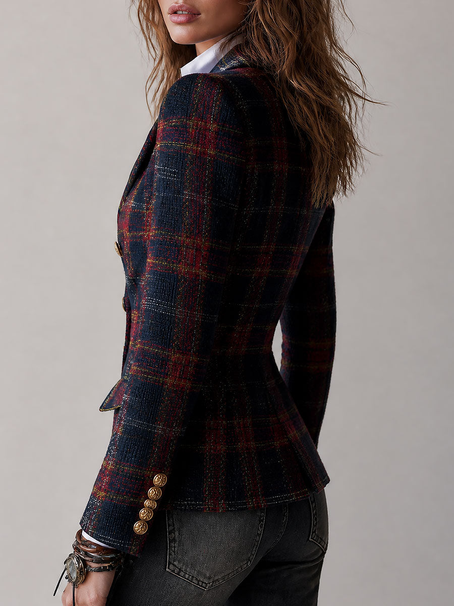 Retro Plaid Double-Breasted Tweed Blazer with Gold Buttons