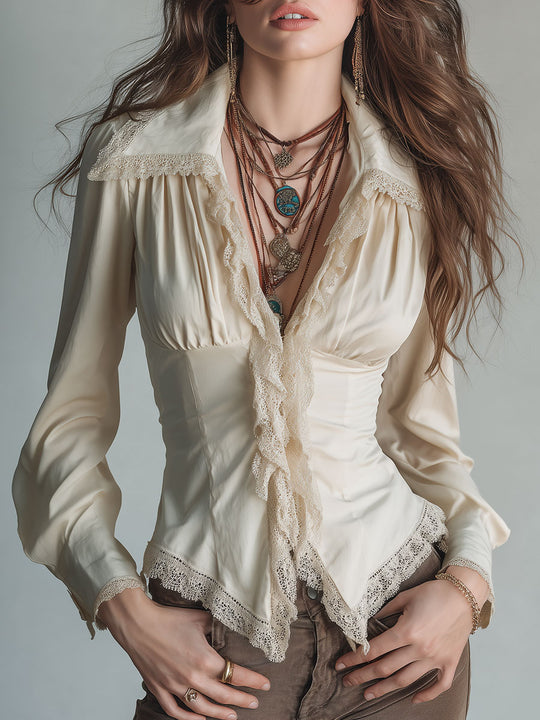 Bhoh Lace Trim Pointed Collar Long Sleeve Blouse