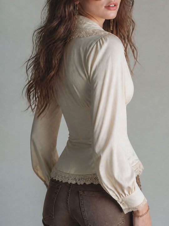 Bhoh Lace Trim Pointed Collar Long Sleeve Blouse