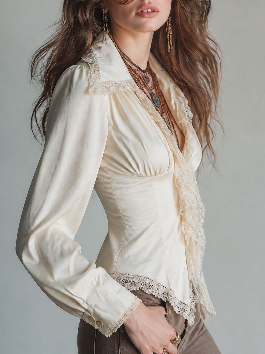 Bhoh Lace Trim Pointed Collar Long Sleeve Blouse