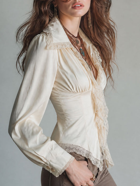 Bhoh Lace Trim Pointed Collar Long Sleeve Blouse