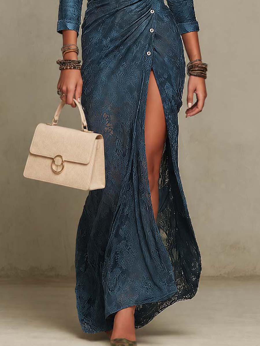 Vintage V-Neck Long Sleeve Lace High Slit Maxi Dress