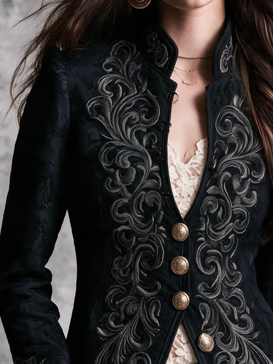 Gothic Baroque Embroidered Stand Collar Blazer With Metal Button