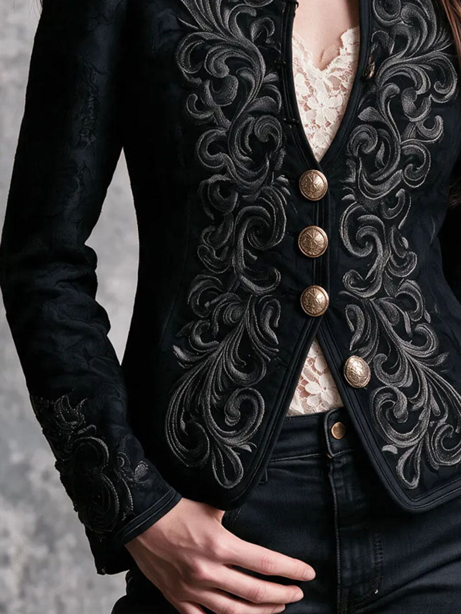 Gothic Baroque Embroidered Stand Collar Blazer With Metal Button