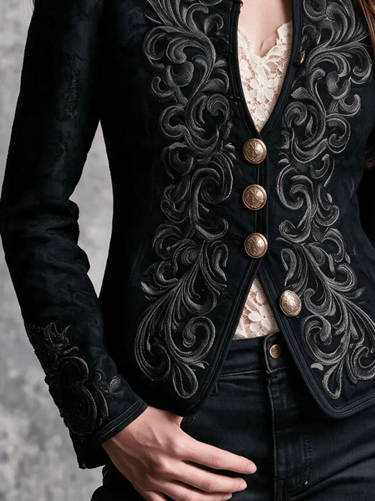 Gothic Baroque Embroidered Stand Collar Blazer With Metal Button