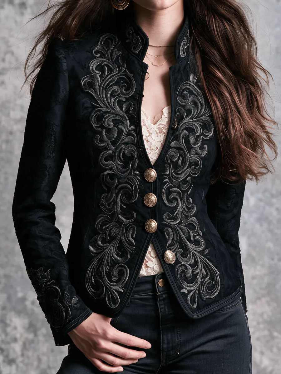 Gothic Baroque Embroidered Stand Collar Blazer With Metal Button
