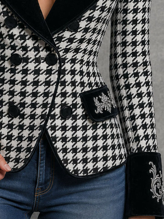 Vintage Houndstooth Velvet Lapel Embroidered Double Breasted Fitted Jacket