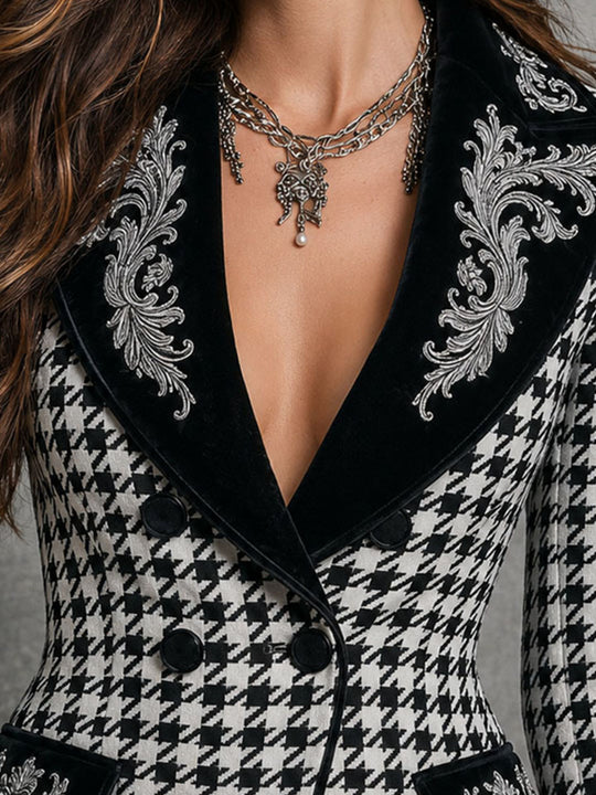 Vintage Houndstooth Velvet Lapel Embroidered Double Breasted Fitted Jacket