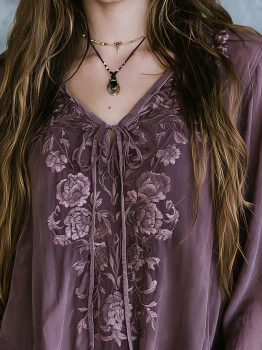 Boho Tie V Neck Dusty Mauve Floral Embroidered Blouse