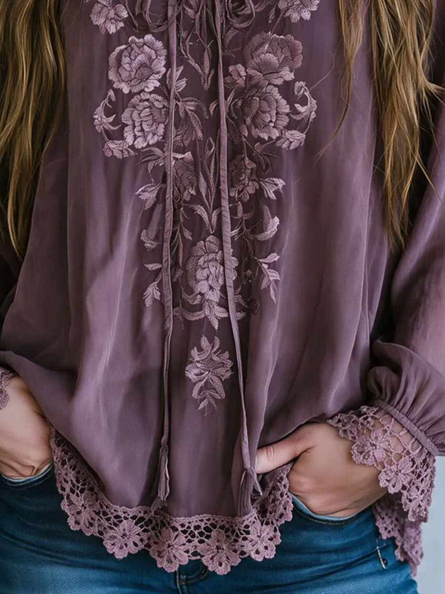 Boho Tie V Neck Dusty Mauve Floral Embroidered Blouse