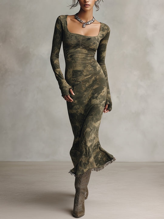 Olive Tie-Dye Ruched Square Neck Fringe Hem Midi Dress