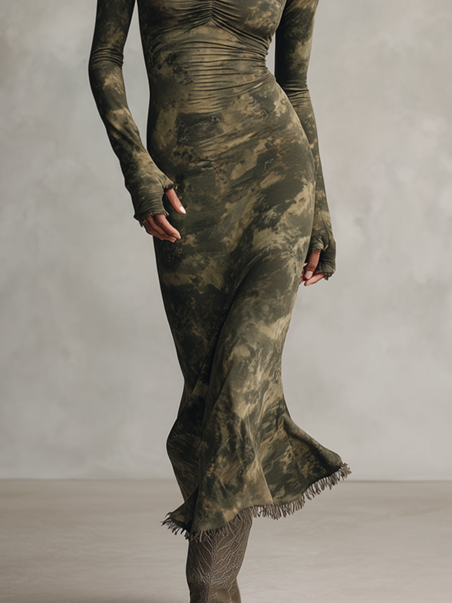 Olive Tie-Dye Ruched Square Neck Fringe Hem Midi Dress