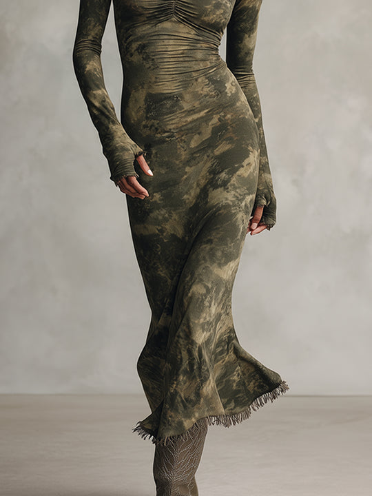 Olive Tie-Dye Ruched Square Neck Fringe Hem Midi Dress
