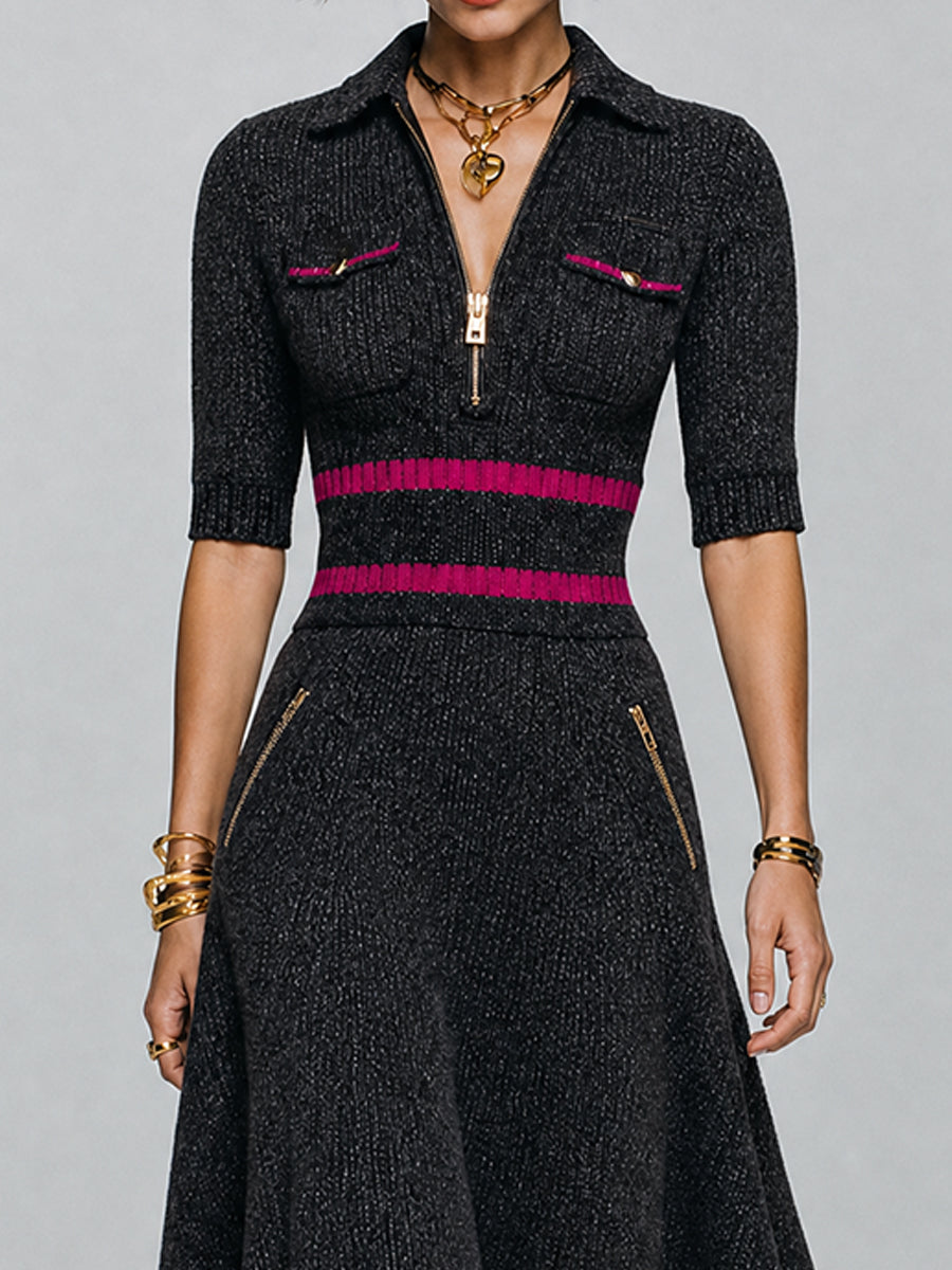 Vintage Zip Polo Collar Knit Midi Dress