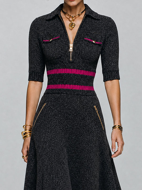 Vintage Zip Polo Collar Knit Midi Dress