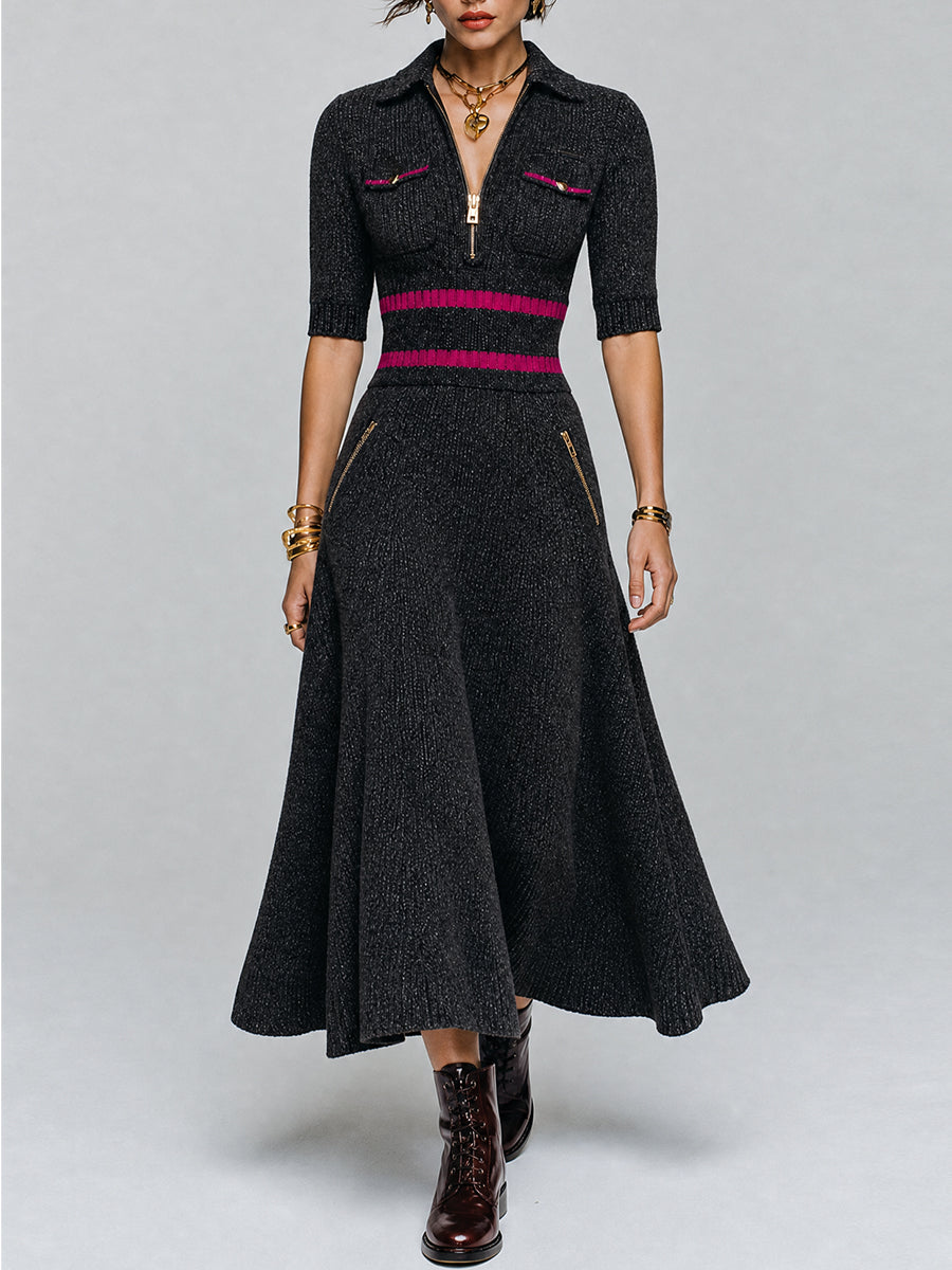 Vintage Zip Polo Collar Knit Midi Dress