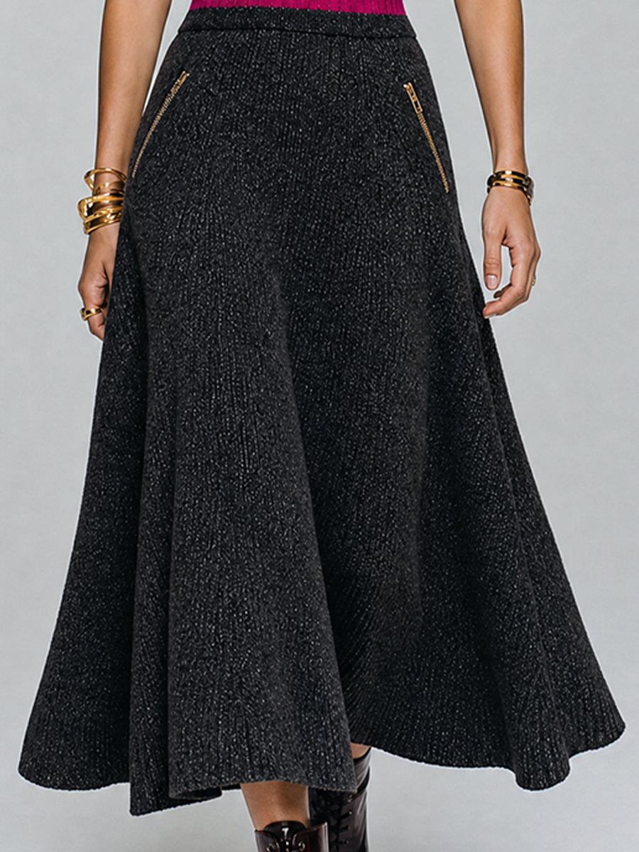 Vintage Zip Polo Collar Knit Midi Dress