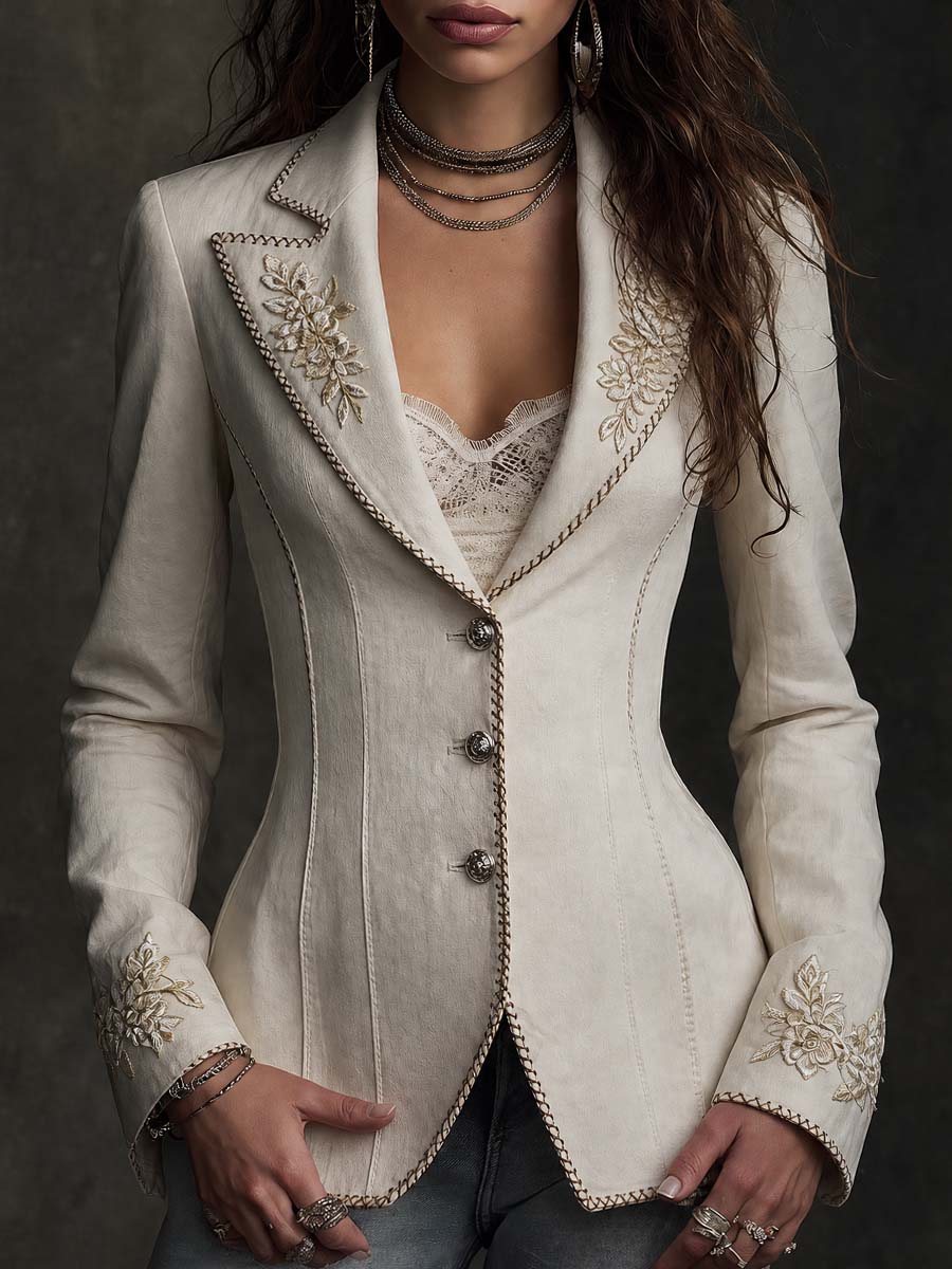 Boho Floral Embroidered Linen Blazer Lapel Single‑Breasted Slim Jacket