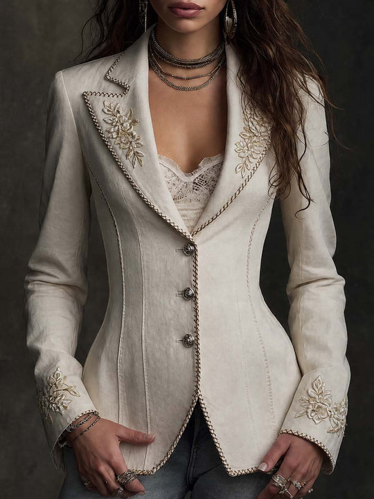 Boho Floral Embroidered Linen Blazer Lapel Single‑Breasted Slim Jacket