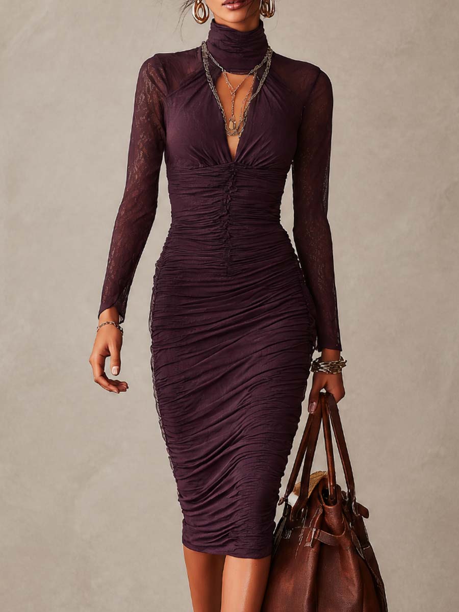 Vintage Ruched Lace Long Sleeve Mock Neck Bodycon Midi Dress with Cutout Front