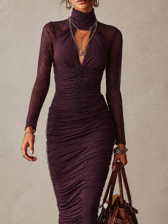Vintage Ruched Lace Long Sleeve Mock Neck Bodycon Midi Dress with Cutout Front