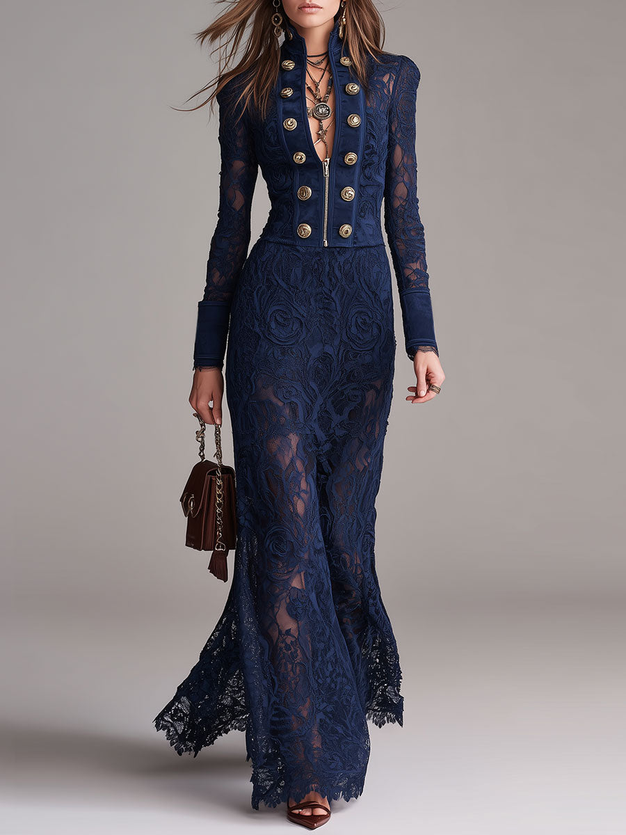 Boho Faux Suede And Lace-panel Double-breasted Maxi Dress