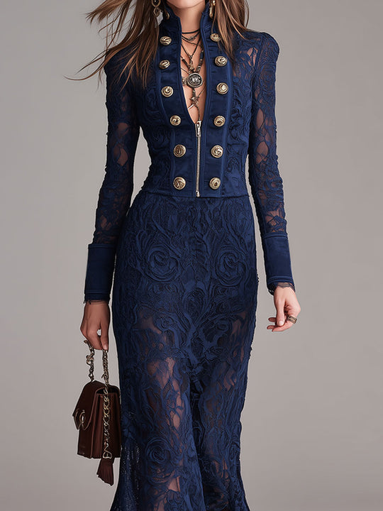 Boho Faux Suede And Lace-panel Double-breasted Maxi Dress