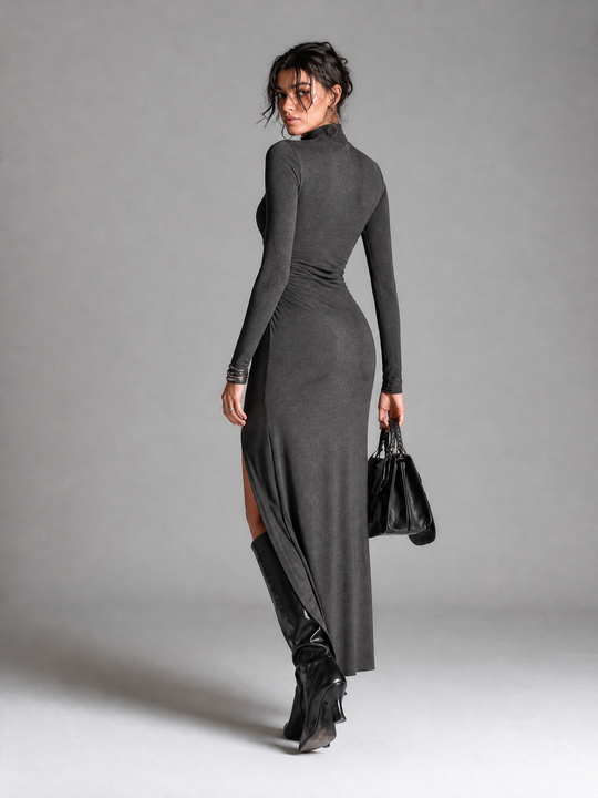 Elegant Stretch Knit Ruched High Neck Long Sleeve Bodycon Maxi Dress With Side Slit